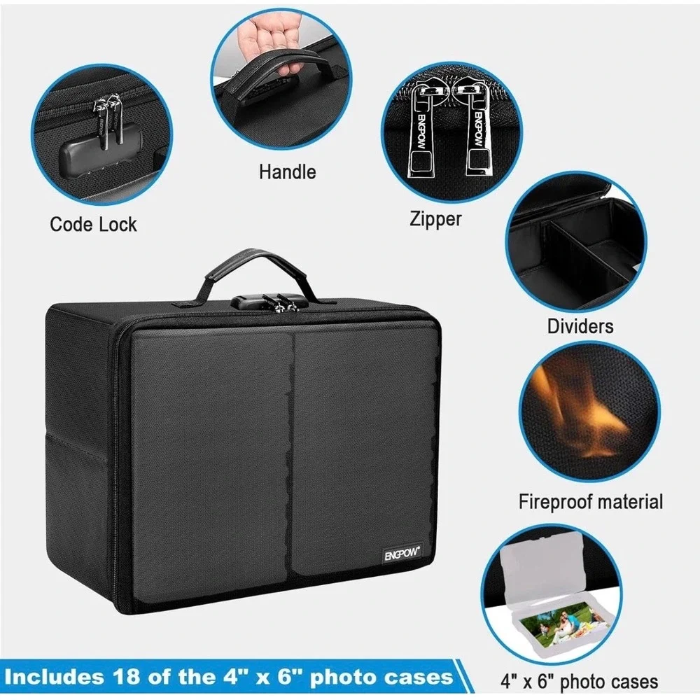 ENGPOW Fireproof Photo Storage Box  18 Cases 4x6 Lockable Water Resistant Bag